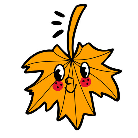 Cute maple leaf with smiling face, hand drawn in retro cartoon design, isolated vector illustration in contour styleのイラスト素材