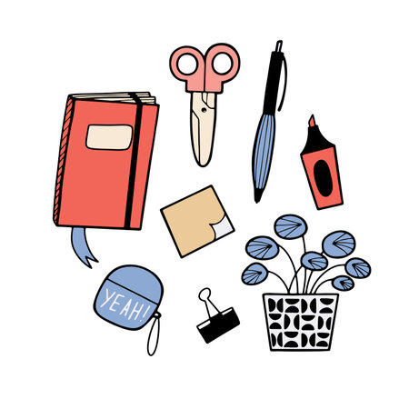 Hand drawn in outlined doodle style set with home or office stationery, isolated vector illustrationのイラスト素材