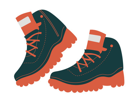 Hiking adventure boots on thick sole. Hand drawn isolated vector illustration in flat styleのイラスト素材