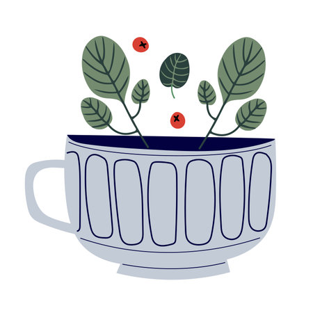 Cute and fancy teacup with herbal tea and berries. Isolated vector illustration in flat designのイラスト素材