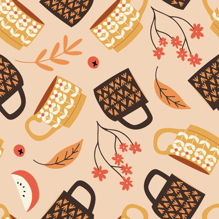 Seamless pattern with adorable autumn cups and flowers, hand drawn vector illustrationのイラスト素材