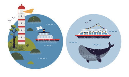 Hand drawn cute sceneries with coastal lighthouse, and ferry ship with whale. Colorful maritime circle shaped icon. Isolated on white background vector illustrationのイラスト素材