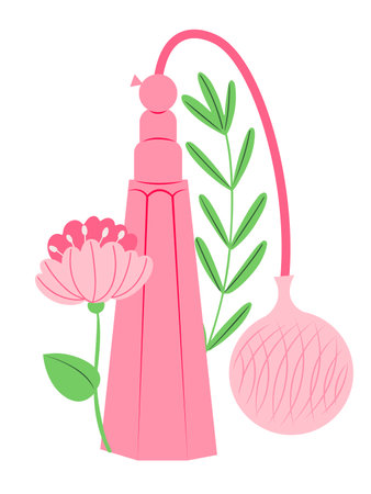 Old fashioned fragrance bottle with floral bouquet, isolated vector illustration in flat designのイラスト素材