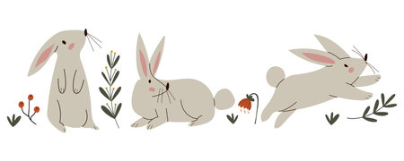 Cute bunny rabbits in flat design. Hand drawn vector animals, isolated on white backgroundのイラスト素材