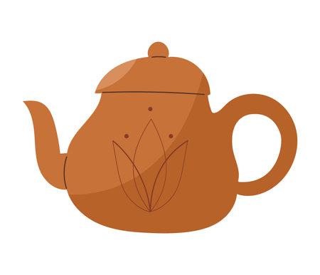 Clay brown ceremonial teapot with lotus engraving, isolated vector illustration in flat designのイラスト素材
