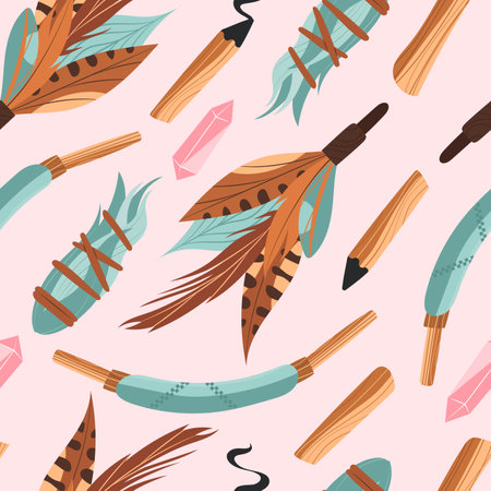 Seamless pattern with ritual smudge with feathers, sage, crystals, palo santo for fumigation and snuffのイラスト素材