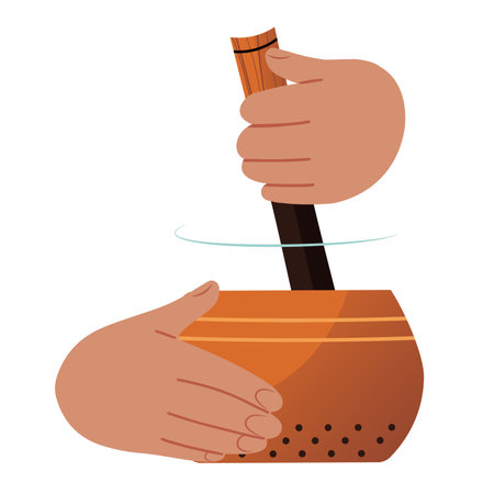 Hands playing on a Tibetan singing bowl, mindfulness practice. Isolated vector illustrationのイラスト素材