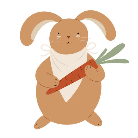 Cute baby rabbit wearing a bib and holding a carrot, ready to eat. Cute isolated childish vector illustrationのイラスト素材