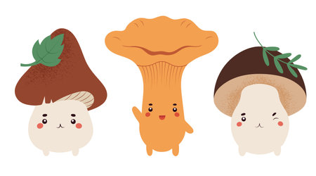 Set with three kawaii edible mushroom creatures, cute forest inhabitants. Hand drawn isolated vector illustrationのイラスト素材