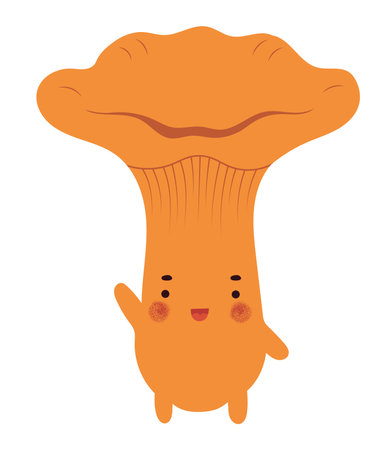 Kawaii chanterelle mushroom creature waving with hand, hand drawn isolated vector illustration in flat designのイラスト素材