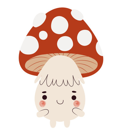 Adorable mushroom creature with hands and feet smiling and blushing, hand drawn isolated vector illustrationのイラスト素材