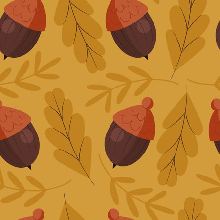 Simple seamless pattern with oak yellow leaves and acorns, seasonal hand drawn background in flat designのイラスト素材