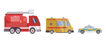 Emergency services transport, ambulance, police car and fire truck. Isolated on white background vector illustrations in flat designのイラスト素材
