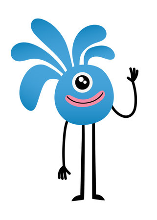 Cute tall blue monster creature with one big eye, waving its hand. Hand drawn isolated vector illustrationのイラスト素材