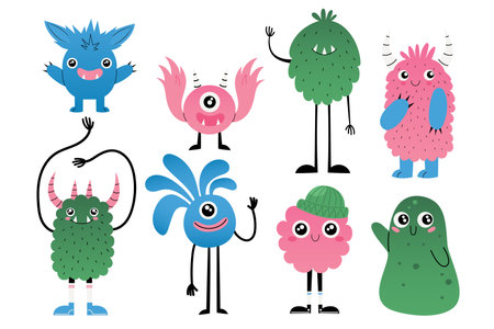 Set with diverse cute monster creatures with adorable and cute eyes. Hand drawn vector illustrationsのイラスト素材