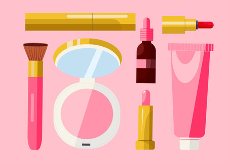 Set with pink girly decorative and skincare cosmetics, everyday beauty ritual. Hand drawn vector illustrations, isolated on pink backgroundのイラスト素材
