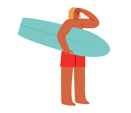 Cool tanned male holding a surfboard, watching the ocean and waiting for a wave. hand drawn vector illustration in flat design, isolated on white backgroundのイラスト素材