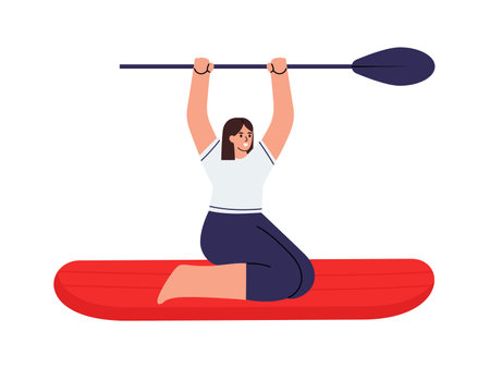 Cheerful woman on a sup board, holding a paddle above her head, ready to sup surfing. Hand drawn isolated on white vector illustration in flat designのイラスト素材
