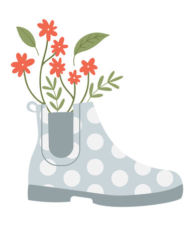 Garden rubber ankle boot with flowers and greens. Springtime concept. Hand drawn vector illustration in flat designのイラスト素材
