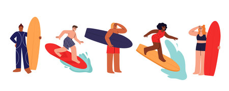 Set with diverse surfing people. Extreme water sport enthusiasts. Hand drawn vector illustrations in flat design, isolated on whiteのイラスト素材