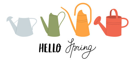 Set with different retro watering cans, hand drawn vector illustration isolated on white backgroundのイラスト素材