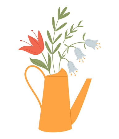 Cute watering can with spring flowers. Concept of upcoming Springtime. Hand drawn vector illustration in flat design, isolated on whiteのイラスト素材