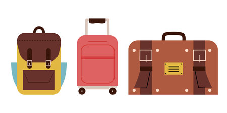 Set with three different luggage bags, hand drawn vector illustration in flat designのイラスト素材