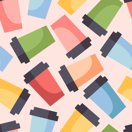 Seamless pattern with take away colorful paper cups, hand drawn vector illustration in flat designのイラスト素材