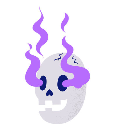 Cute smiling skull with magic flaming eyes, hand drawn in cartoon style, isolated vector illustrationのイラスト素材