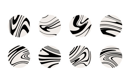 Set of 8 circle icons with abstract waves, hand drawn isolated vector illustrationのイラスト素材