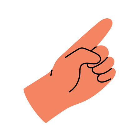 Human hand pointing at something, showing, indicating with index finger. Hand drawn vector illustration in flat design, isolated on whiteのイラスト素材