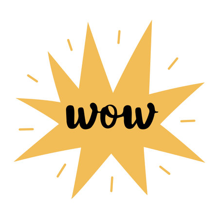 Wow word, message, approval badge, advertisement. Hand drawn vector illustration, isolated on whiteのイラスト素材