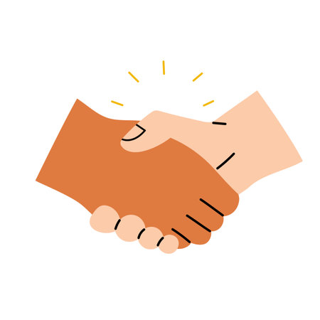 Diverse people handshake, hand drawn vector illustration in flat design, concept of partnership or a dealのイラスト素材