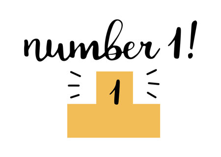Hand drawn calligraphic sign number one with podium with first place, concept of success. Isolated vector illustrationのイラスト素材