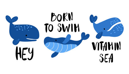 Cute childish whales with different phrases, hand drawn flat style designs for covers, prints, posters.  Isolated on white vector illustrationsのイラスト素材
