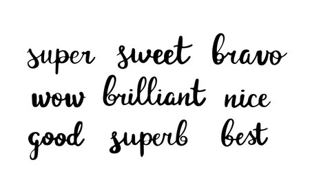 Hand written set of one word appreciations, calligraphic approval words, encouraging and motivational. Hand drawn lettering vector illustration, isolated on whiteのイラスト素材