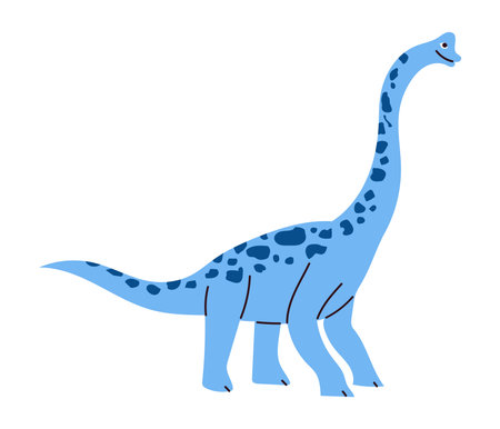 Cute blue long neck dinosaur, Brachiosaurus, hand drawn in flat design, childish style. Isolated on white background vector illustrationのイラスト素材