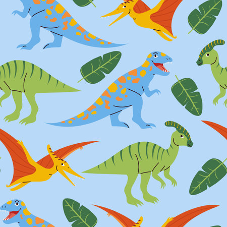 Hand drawn seamless pattern with smiling dinosaurs and palm leaves on a blue background vector illustrationのイラスト素材