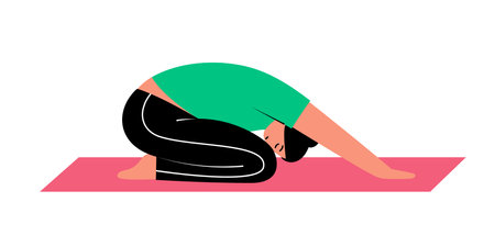 Hand drawn person is performing lower back stretch in child pose, physiotherapy exercise. Isolated vector illustration in flat designのイラスト素材