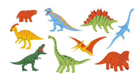 Set with adorable dinosaurs in childish flat design, colorful prehistoric creature. Hand drawn isolated vector illustrationsのイラスト素材