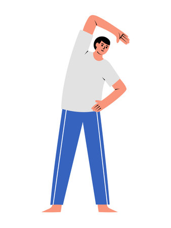 Hand drawn man in sports clothing, performing side back stretching exercise, physiotherapeutic exercise for recovery. Isolated vector illustration in flat designのイラスト素材