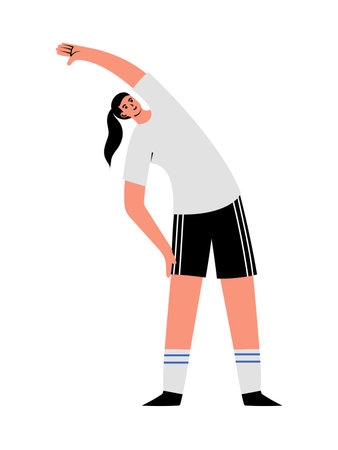 Young female in sports clothing, performing side back physiotherapeutic stretching exercise for recovery, warm up exercise. Isolated vector illustration in flat designのイラスト素材