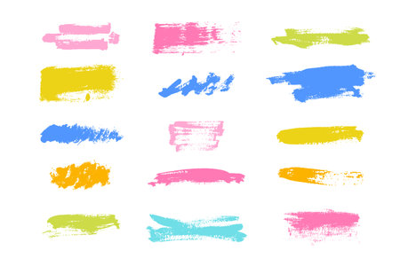 Set with 15 different colorful brush strokes with acrylic paint, hand drawn isolated vector illustrationsのイラスト素材