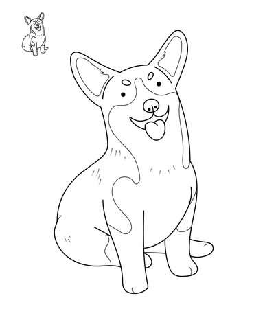 Hand drawn line designed corgi doggy, sitting and showing tongue. Isolated on white vector illustration with editable linesのイラスト素材