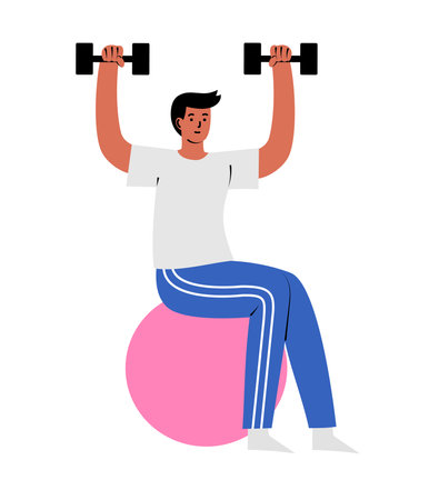 Person is exercising with dumbbells  on a gym ball. Physiotherapy exercise for rehabilitation. Hand drawn vector illustration, isolated on whiteのイラスト素材
