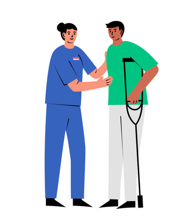 Doctor is helping patient to stand with a crutch, physiotherapist assists with rehabilitation. Hand drawn vector illustration , isolated on whiteのイラスト素材