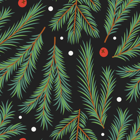 Hand drawn vector seamless pattern with spruce branches, snow and red berries. Background illustrationのイラスト素材