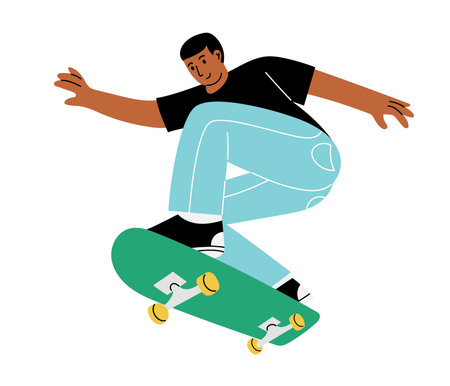 Cheerful diverse male is riding and jumping on a skateboard. Hand drawn vector flat designed character, isolated on white backgroundのイラスト素材