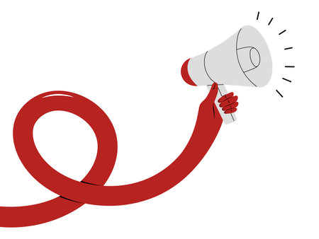 Long red hand holding a loudspeaker, informing about something urgent and important.のイラスト素材