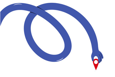 Long curvy hand holding geo pin, indicating direction and destination. Hand drawn vector illustration in flat design, isolated on white backgroundのイラスト素材